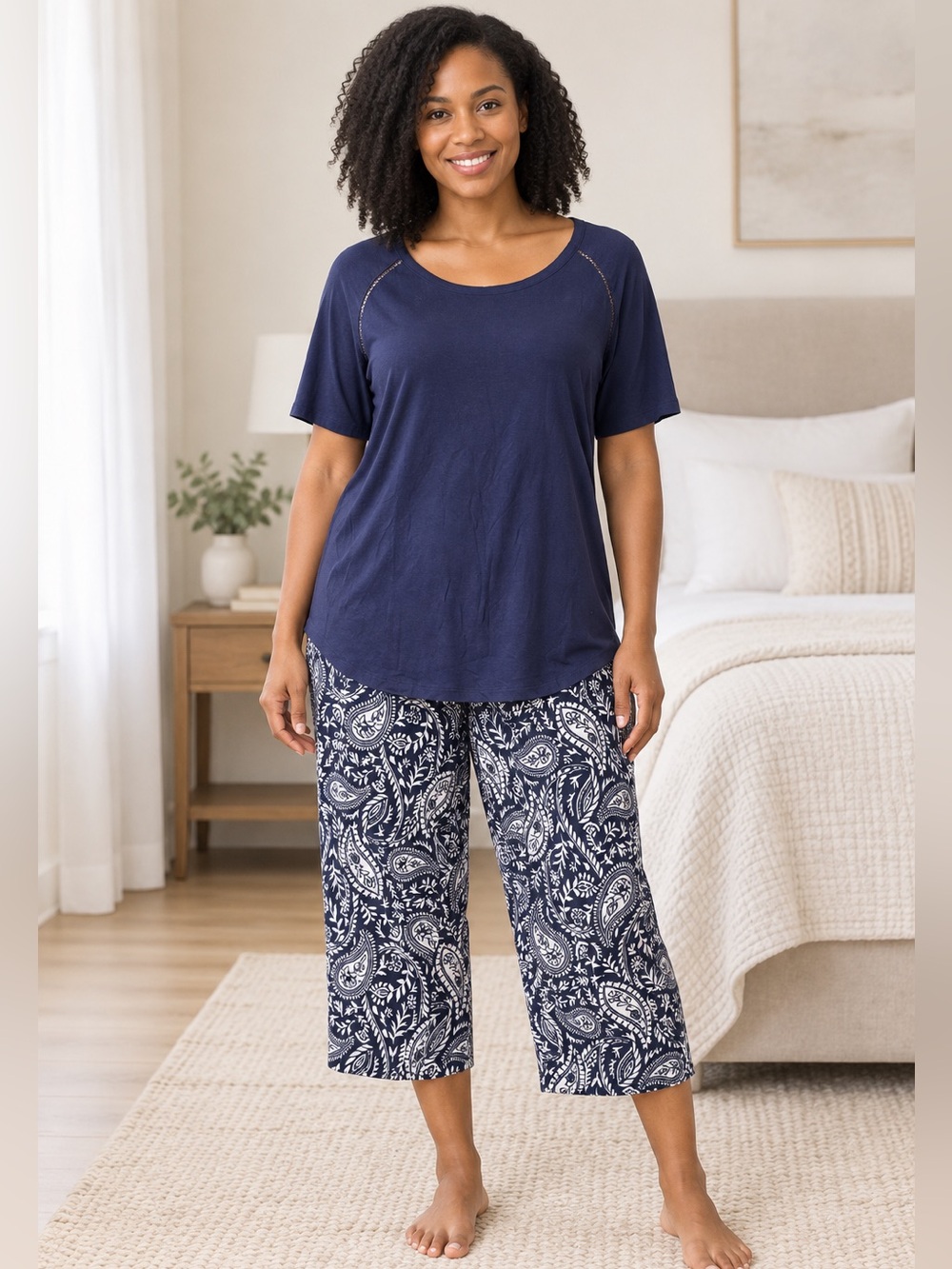 Liz Claiborne Navy Paisley Capri Pajama Set Lounge Top Pants M